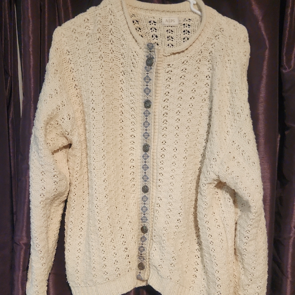 Vintage ALPS Cream Knit Cardigan Sweater Size Med Ribbon Trim Cottagec